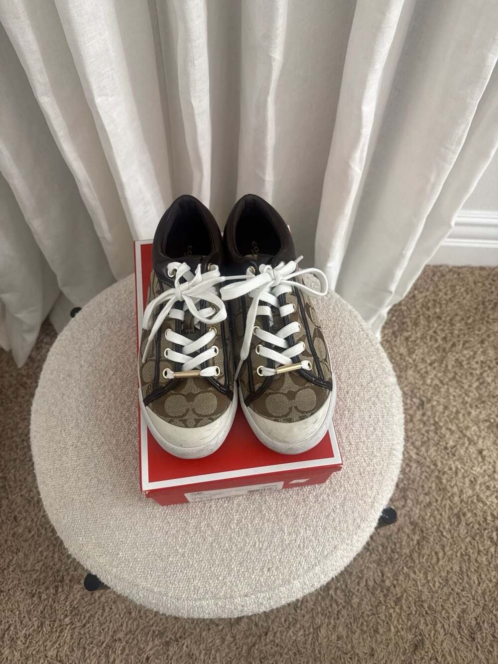 Coach Francesca Signature Monogram Low Top Sneakers Khaki/Chestnut Size 7.5M